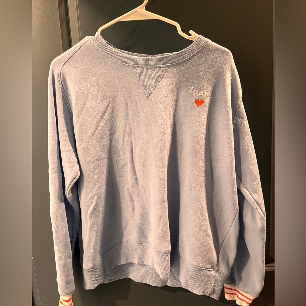PJ Salvage blue happy pullover with preppy red stripe cuffs
